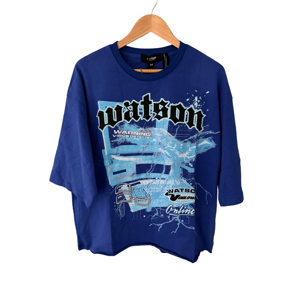 Watson Online Virus Detected Cropped Blue Short Sleeve Graphic T-Shirt NWT M